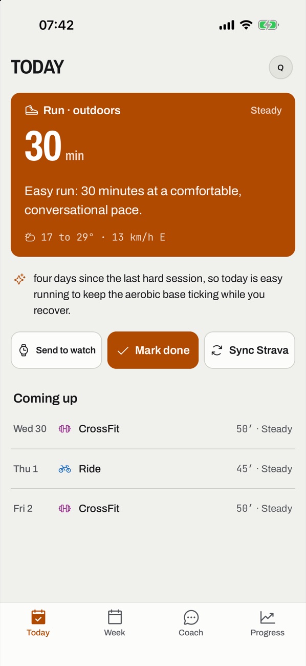 The Hyven Today screen: today's session, a 30-minute easy run, with the reason in one sentence and the sessions coming up.