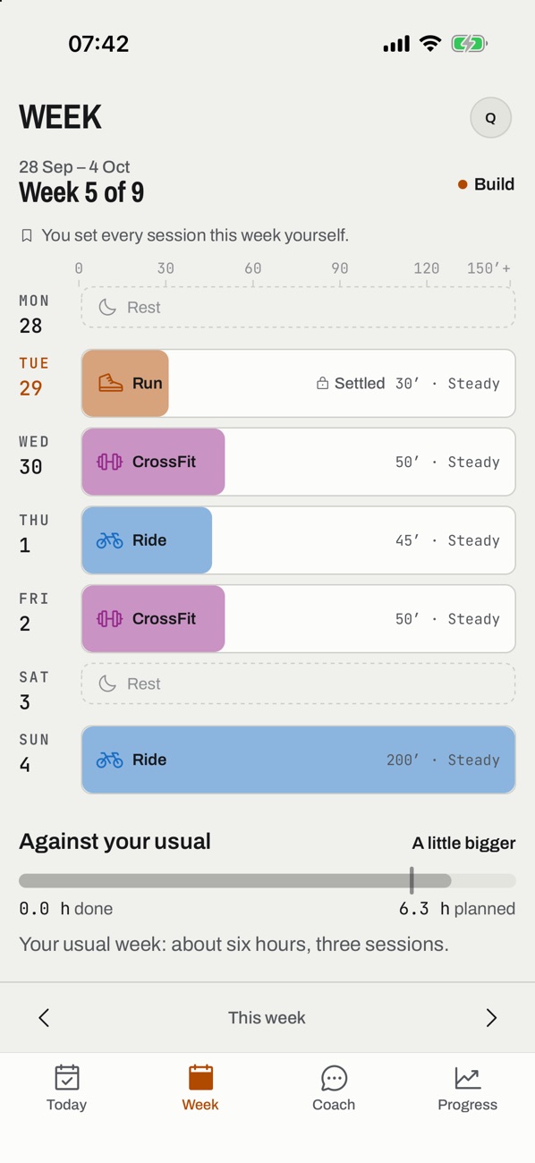 The Hyven Week tab: seven days, each session drawn as a bar in its sport's colour, CrossFit, cycling and running, with rest days dashed.